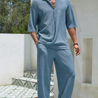 Ensemble Chemise et Pantalon pour Homme - Coupe Décontractée - Coton Léger - Manches Mi-longues - Vêtements Casual
