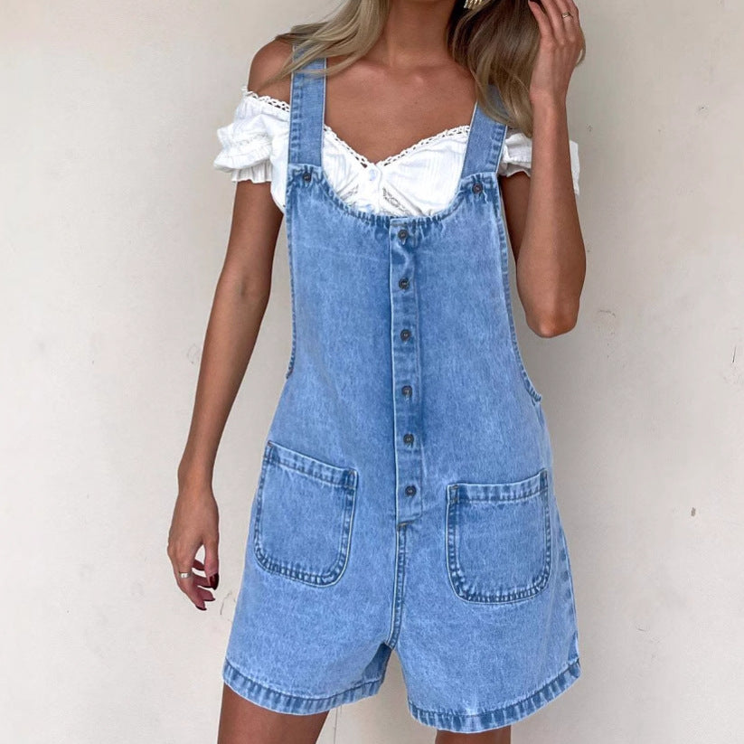 Shorts en jean décontractés pour femmes avec Bretelles ajustables, bouton devant et poches pratiques