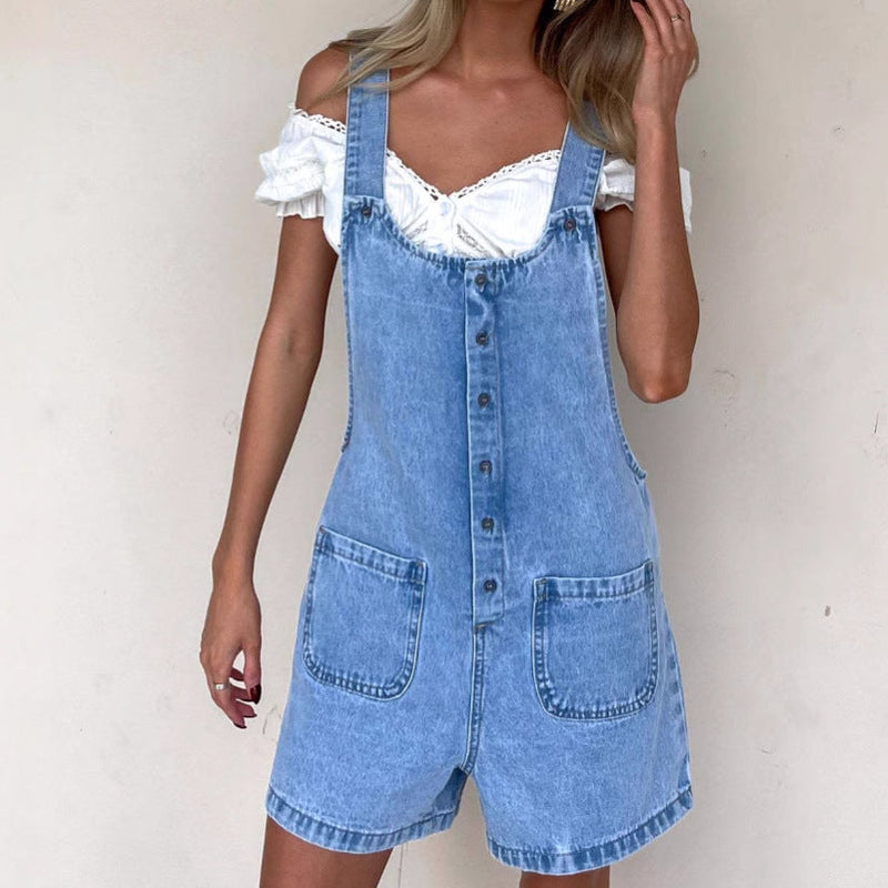 Shorts en jean décontractés pour femmes avec Bretelles ajustables, bouton devant et poches pratiques