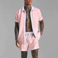 Ensemble Chemise et Short pour Homme - Mélange de Coton - Coupe Confortable - Col Revers - Taille à Cordon de Serrage
