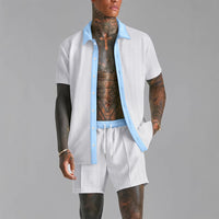 Ensemble Chemise et Short pour Homme - Mélange de Coton - Coupe Confortable - Col Revers - Taille à Cordon de Serrage