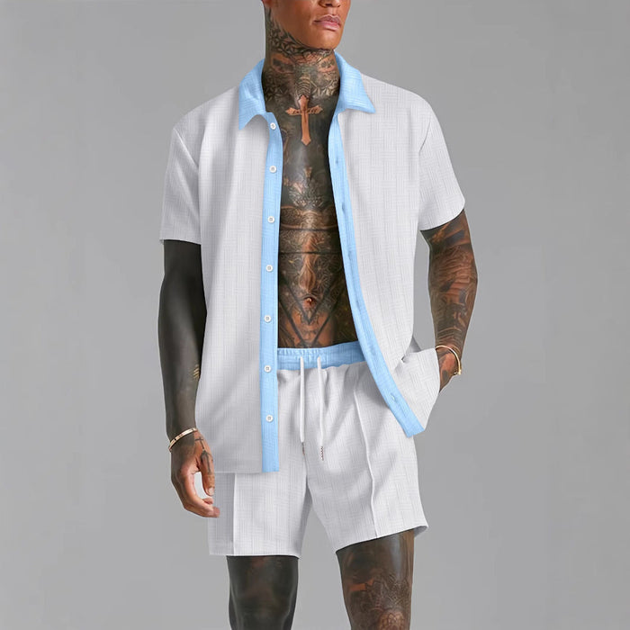 Ensemble Chemise et Short pour Homme - Mélange de Coton - Coupe Confortable - Col Revers - Taille à Cordon de Serrage