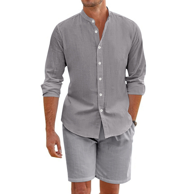 Ensemble Homme Deux Pièces - Mélange de Lin - Coupe Décontractée - Chemise à Boutons & Shorty Mi-Cuisse