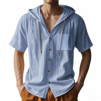 Hommes - Chemise à capuche en lin - Top décontracté à manches courtes et à boutons