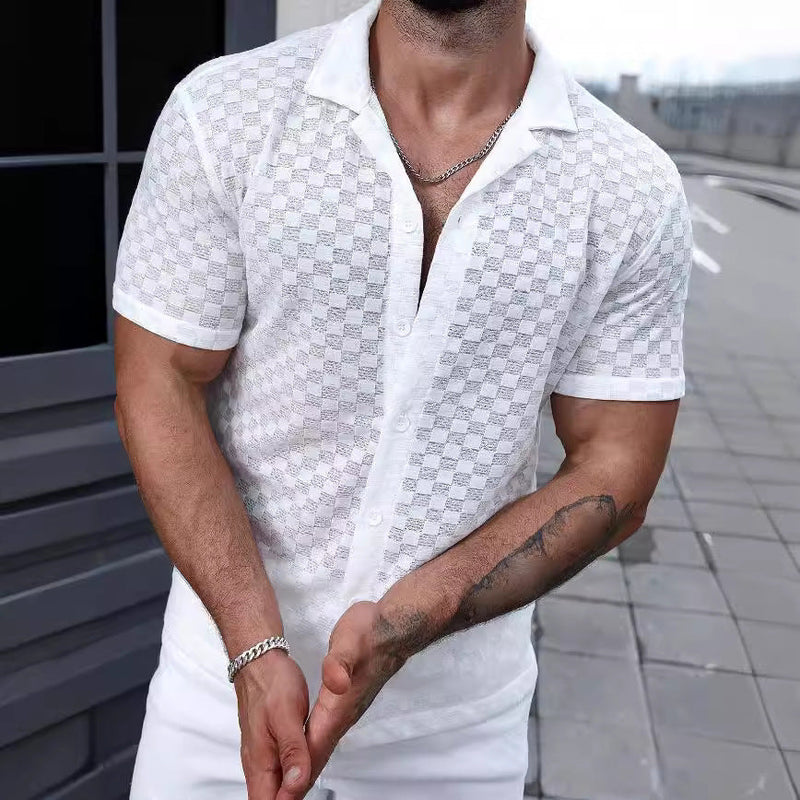 Chemise décontractée en tricot pour hommes avec détails en dentelle - Relaxed Fit, Short Sleeve Button-Up Top