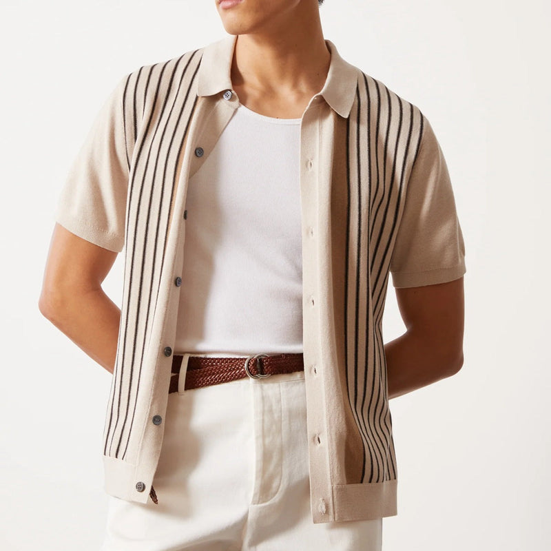 Hommes - Polo décontracté à rayures verticales, tissu tricoté, coupe décontractée, manches courtes