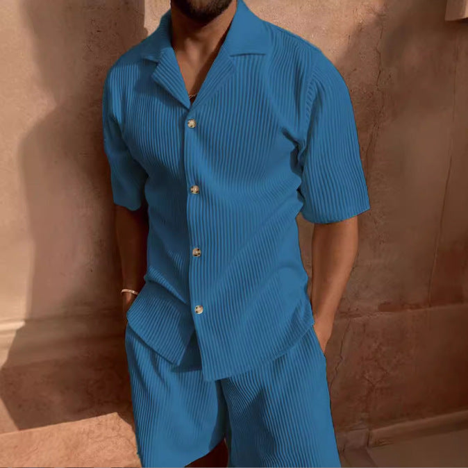 Ensemble Décontracté pour Hommes - Chemise en Velours Côtelé à Boutons & Shorts - Coupe Relaxée avec Tissu Texturé