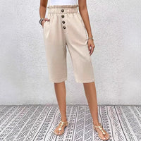 Short en lin pour femmes à taille haute avec style paperbag, coupe décontractée, bouton devant et longueur juste au genou