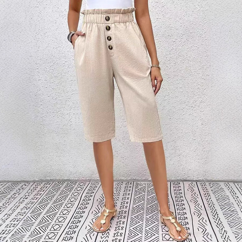 Short en lin pour femmes à taille haute avec style paperbag, coupe décontractée, bouton devant et longueur juste au genou