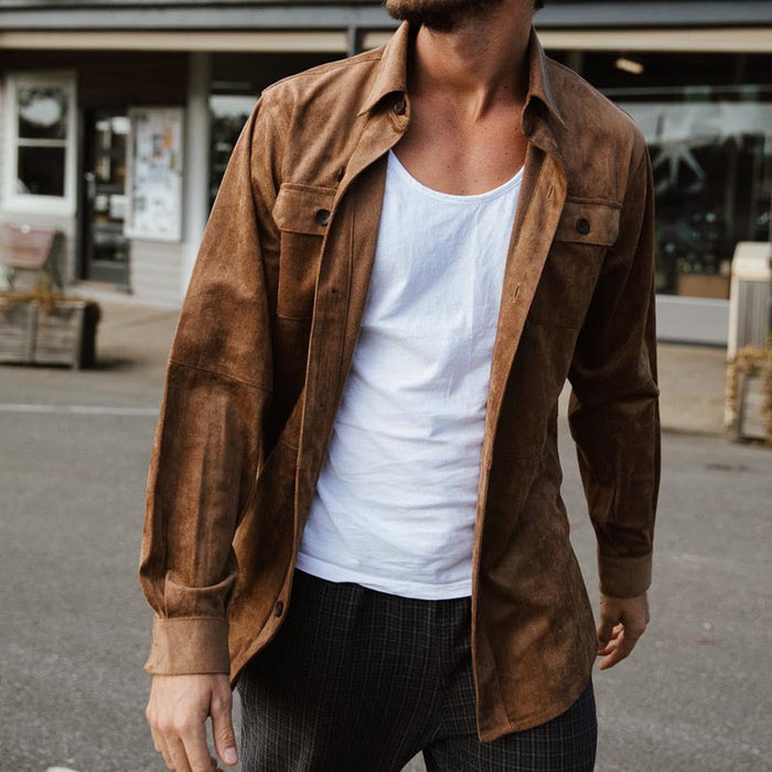 Chemise décontractée pour homme en tissu imitation daim - coupe régulière - boutonnée avec poches poitrine