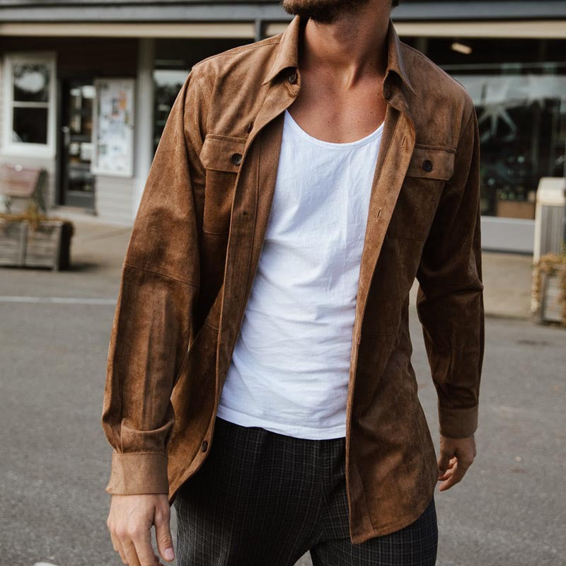 Chemise décontractée pour homme en tissu imitation daim - coupe régulière - boutonnée avec poches poitrine