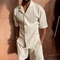 Ensemble Décontracté pour Hommes - Chemise en Velours Côtelé à Boutons & Shorts - Coupe Relaxée avec Tissu Texturé
