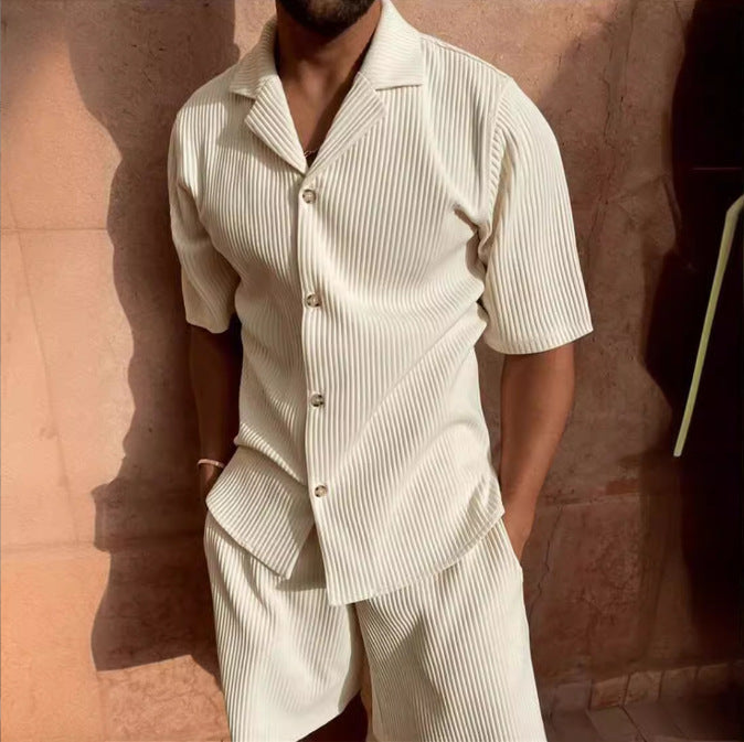 Ensemble Décontracté pour Hommes - Chemise en Velours Côtelé à Boutons & Shorts - Coupe Relaxée avec Tissu Texturé