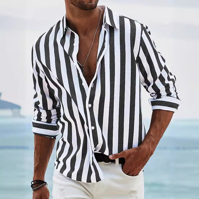 Chemise homme à manches longues en coton lin - coupe décontractée - boutons - rayures décontractées