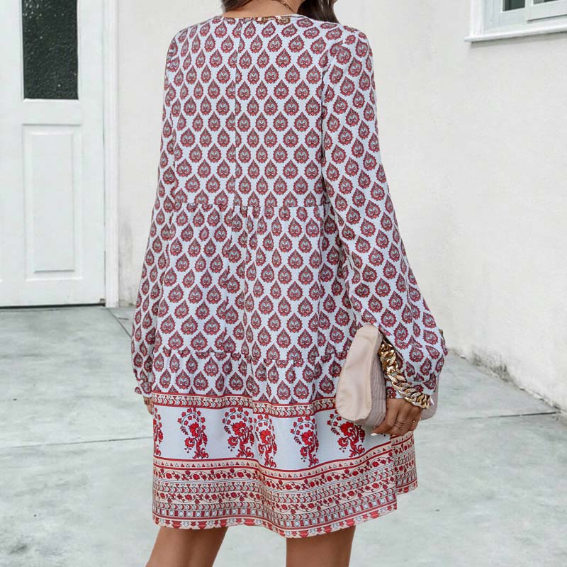 Vestido midi boho para mujer con corte fluido, manga larga y escote en forma de llave con estampado elegante