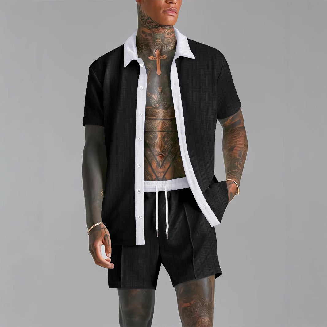 Ensemble Chemise et Short pour Homme - Mélange de Coton - Coupe Confortable - Col Revers - Taille à Cordon de Serrage