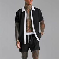 Ensemble Chemise et Short pour Homme - Mélange de Coton - Coupe Confortable - Col Revers - Taille à Cordon de Serrage