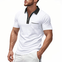 Hommes - Polo slim avec patte de boutonnage zippée, mélange de coton, poche sur la poitrine - Tenue décontractée et élégante
