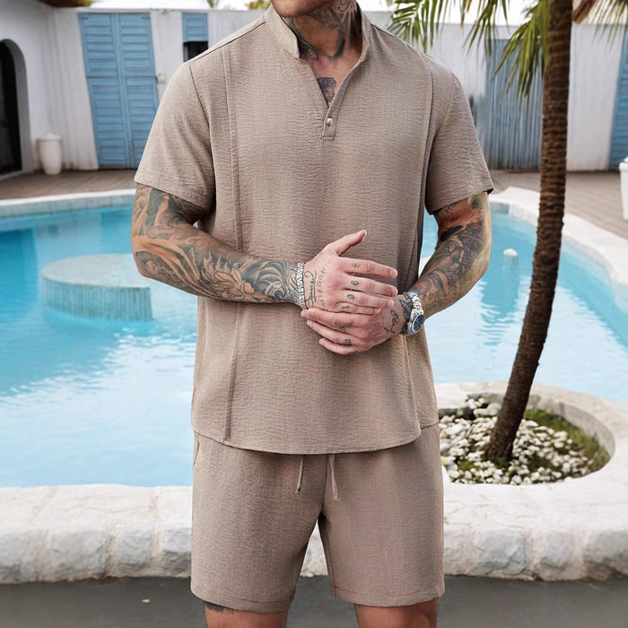 Ensemble Décontracté pour Hommes : Chemise Henley en Coton avec Short Assorti - Coupe Relaxée et Manches Courtes