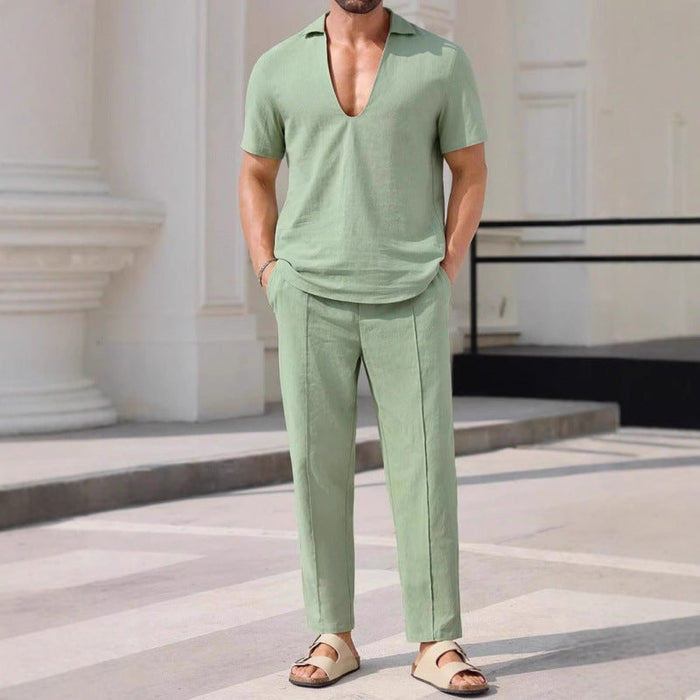 Ensemble pour hommes en lin mélangé - Coupe décontractée - Chemise à V et pantalon long pour un style confortable et élégant