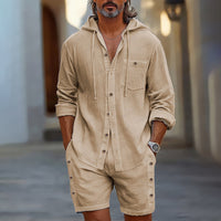 Chemise à capuche élégante en lin mélangé pour hommes - coupe décontractée avec devant boutonné et manches longues pour un confort décontracté