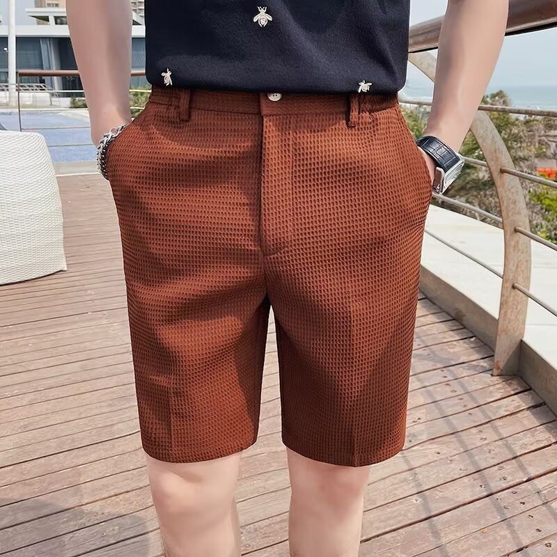 Bermuda Homme Slim Fit en Tissu Texturé avec Boutons à la Taille et Passants pour Ceinture