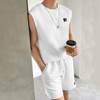 Set de lounge pour hommes - Maille gaufrée - Haut sans manches et short - Vêtements de détente ultra-confortables