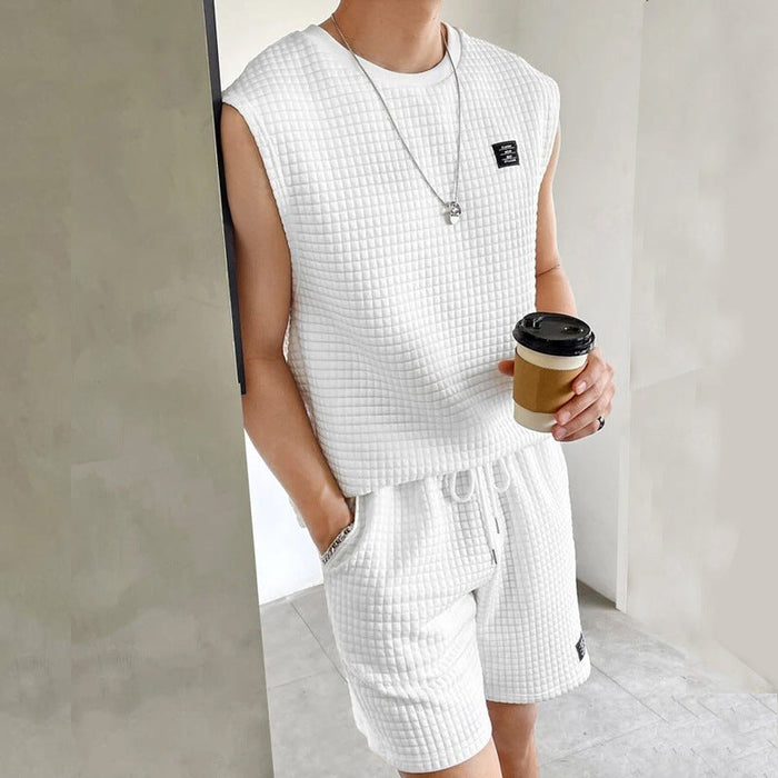 Set de lounge pour hommes - Maille gaufrée - Haut sans manches et short - Vêtements de détente ultra-confortables