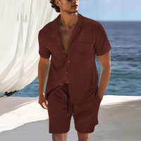 Ensemble de Chemise et Short pour Hommes - Coupe Décontractée - Col Cubain - Tissu Légèrement Respirant et Léger