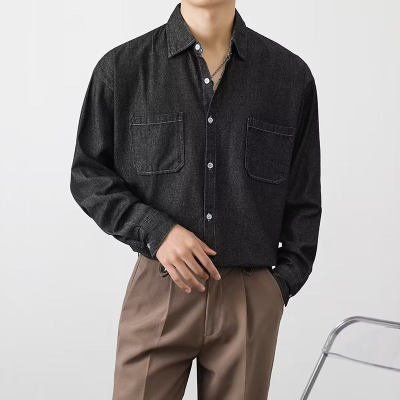Camisa de mezclilla para hombre con cierre de botones en el frente y mangas largas
