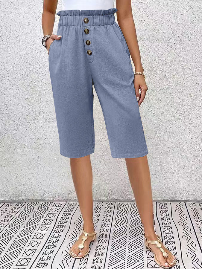 Short en lin pour femmes à taille haute avec style paperbag, coupe décontractée, bouton devant et longueur juste au genou