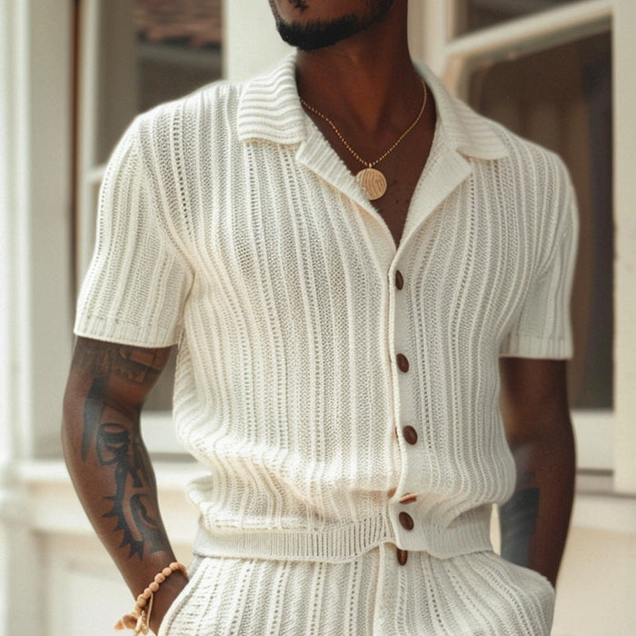 Ensemble de Chemise et Short en Tricot pour Hommes - Coupe Slim - Texture Riblée - Col Polo - Respirant