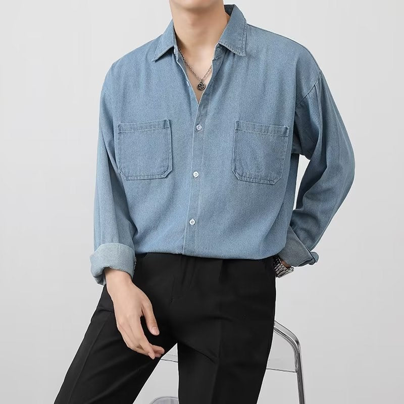 Camisa de mezclilla para hombre con cierre de botones en el frente y mangas largas