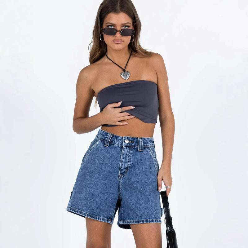 Short en Jean pour Femmes - Coupe Mid-Rise Décontractée - Poches Multiples - Fermeture à Bouton - Style Casual