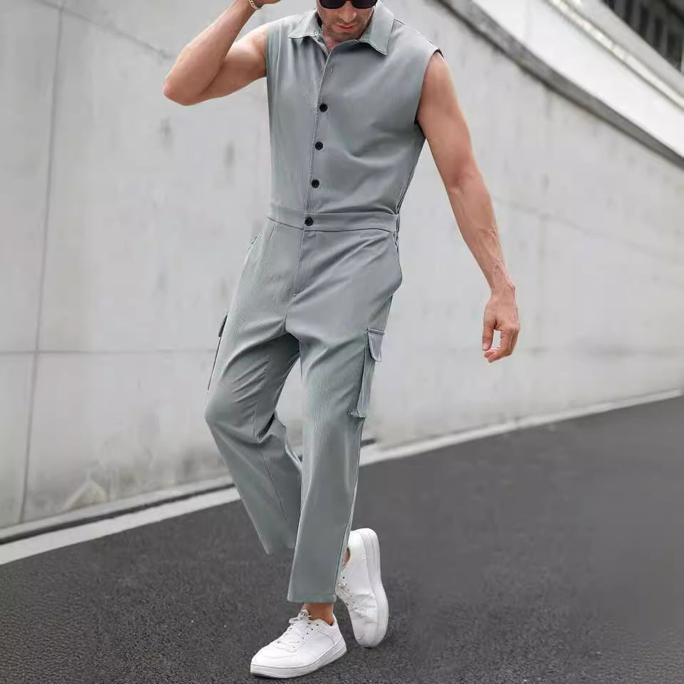 Combinaison Homme Slim Fit Sans Manches avec Boutonnage, Col Chemise et Poches Cargo
