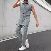 Combinaison Homme Slim Fit Sans Manches avec Boutonnage, Col Chemise et Poches Cargo