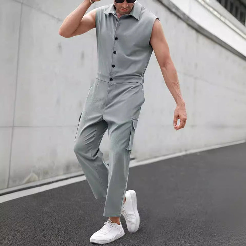 Combinaison Homme Slim Fit Sans Manches avec Boutonnage, Col Chemise et Poches Cargo