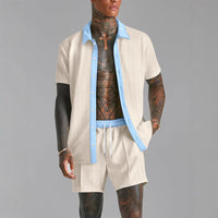 Ensemble Chemise et Short pour Homme - Mélange de Coton - Coupe Confortable - Col Revers - Taille à Cordon de Serrage