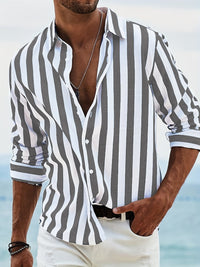 Chemise homme à manches longues en coton lin - coupe décontractée - boutons - rayures décontractées