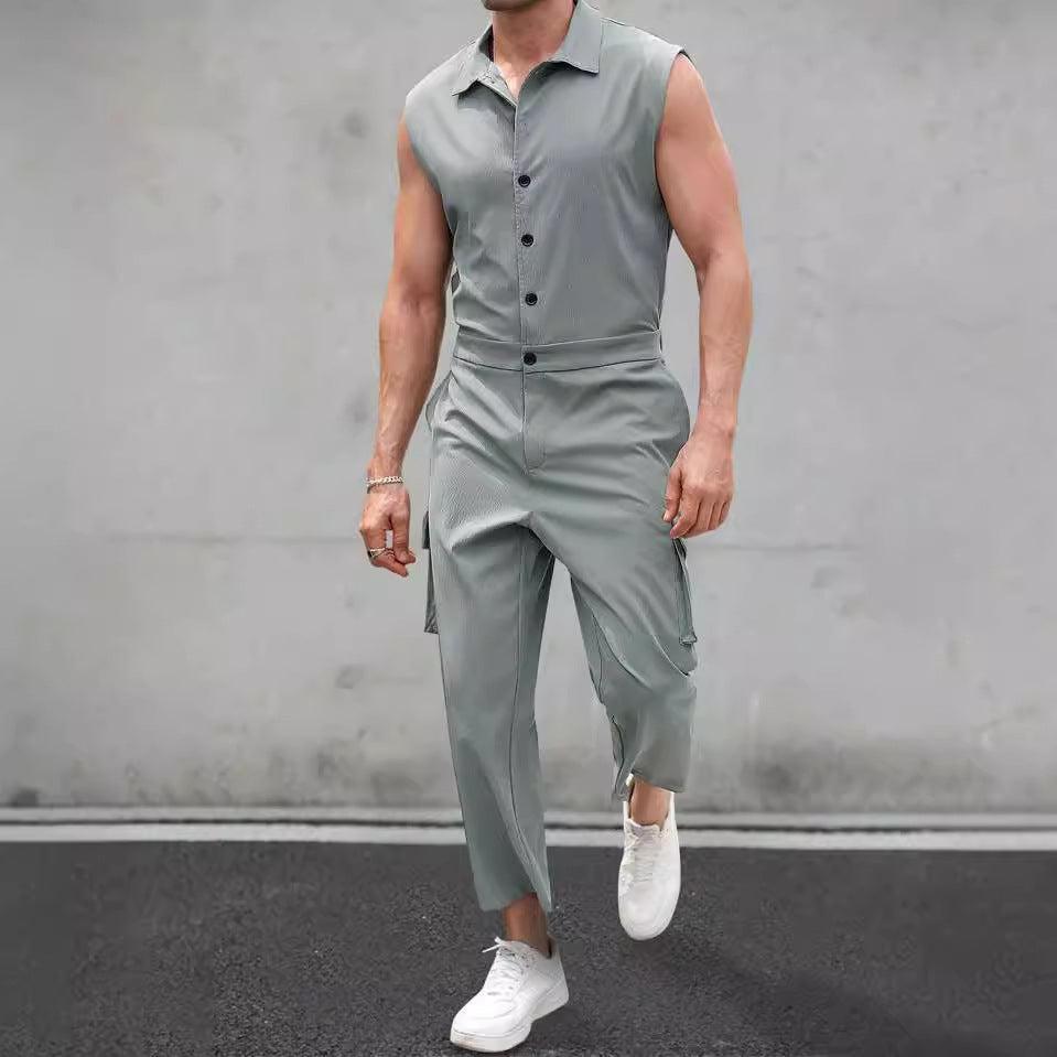 Combinaison Homme Slim Fit Sans Manches avec Boutonnage, Col Chemise et Poches Cargo