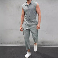 Combinaison Homme Slim Fit Sans Manches avec Boutonnage, Col Chemise et Poches Cargo
