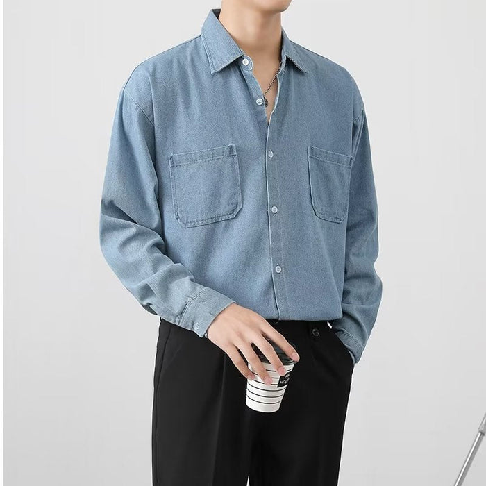 Camisa de mezclilla para hombre con cierre de botones en el frente y mangas largas