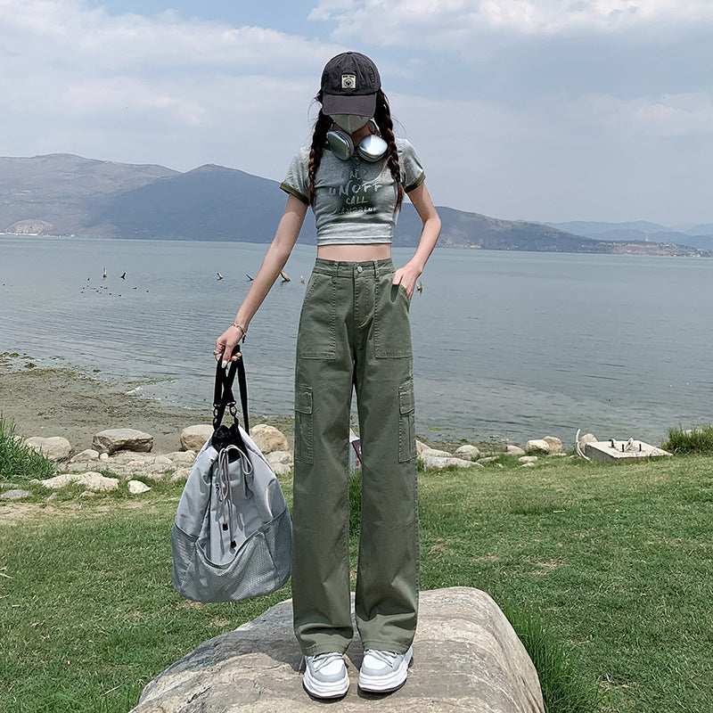 Pantalon cargo pour femmes - Vert Outfit Outdoor avec taille haute pour le confort et le style
