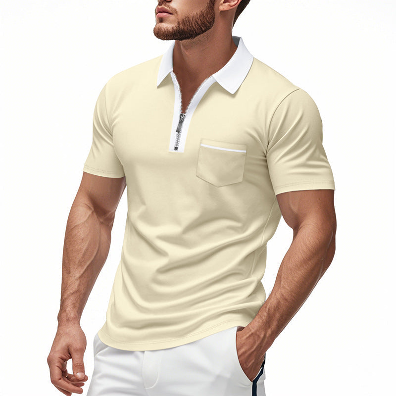Hommes - Polo slim avec patte de boutonnage zippée, mélange de coton, poche sur la poitrine - Tenue décontractée et élégante