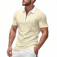 Hommes - Polo slim avec patte de boutonnage zippée, mélange de coton, poche sur la poitrine - Tenue décontractée et élégante