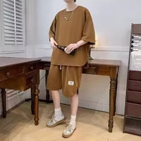 Ensemble sportif pour hommes - coupe décontractée - T-shirt à manches courtes et short à cordon ajustable - coton respirant