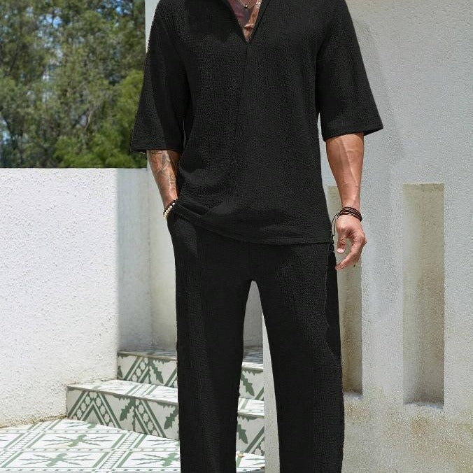 Ensemble Chemise et Pantalon pour Homme - Coupe Décontractée - Coton Léger - Manches Mi-longues - Vêtements Casual