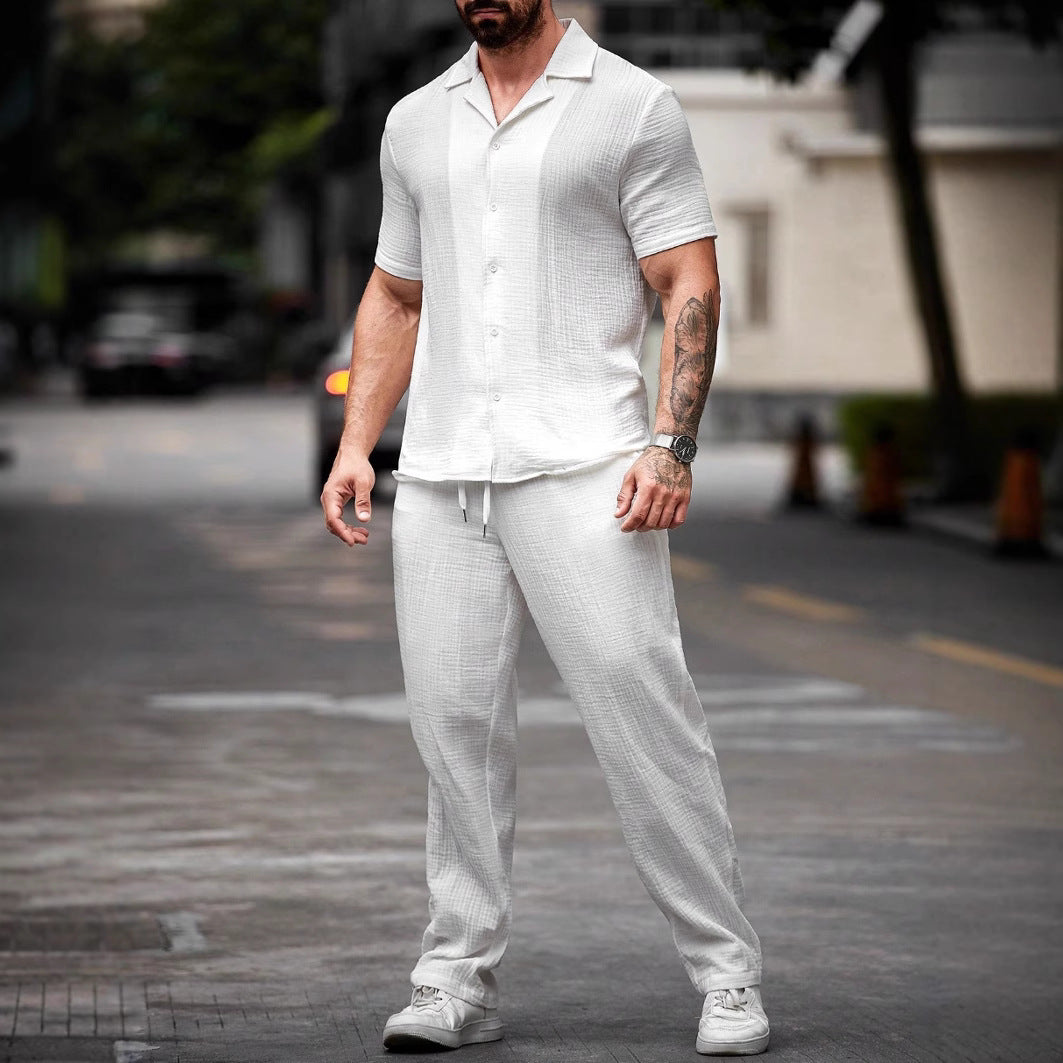 Chemise décontractée pour homme - Mélange coton lin - Coupe régulière - Manches courtes - Fermeture à boutons
