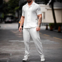 Chemise décontractée pour homme - Mélange coton lin - Coupe régulière - Manches courtes - Fermeture à boutons