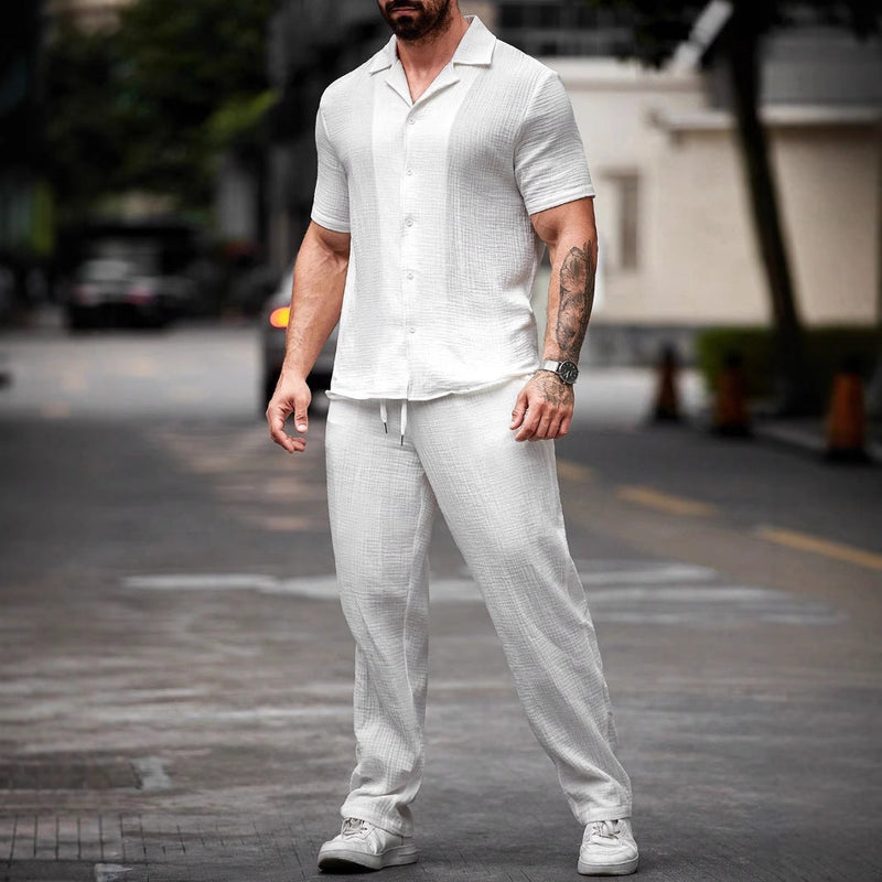 Chemise décontractée pour homme - Mélange coton lin - Coupe régulière - Manches courtes - Fermeture à boutons